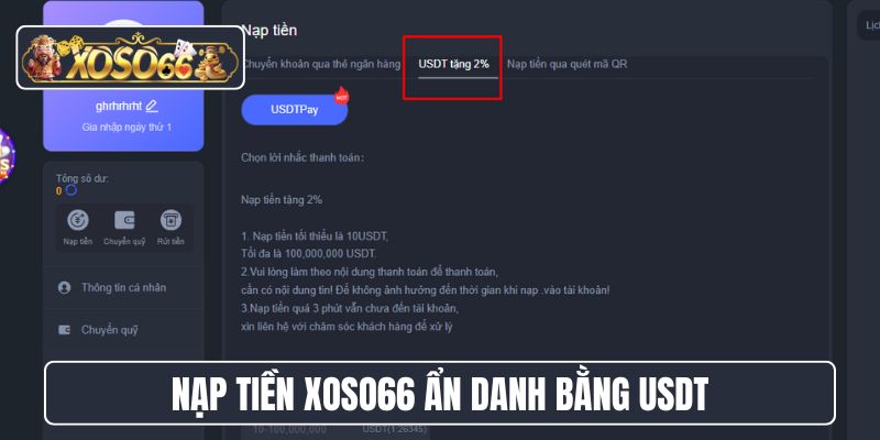 Nạp tiền XoSo66 ẩn danh bằng USDT